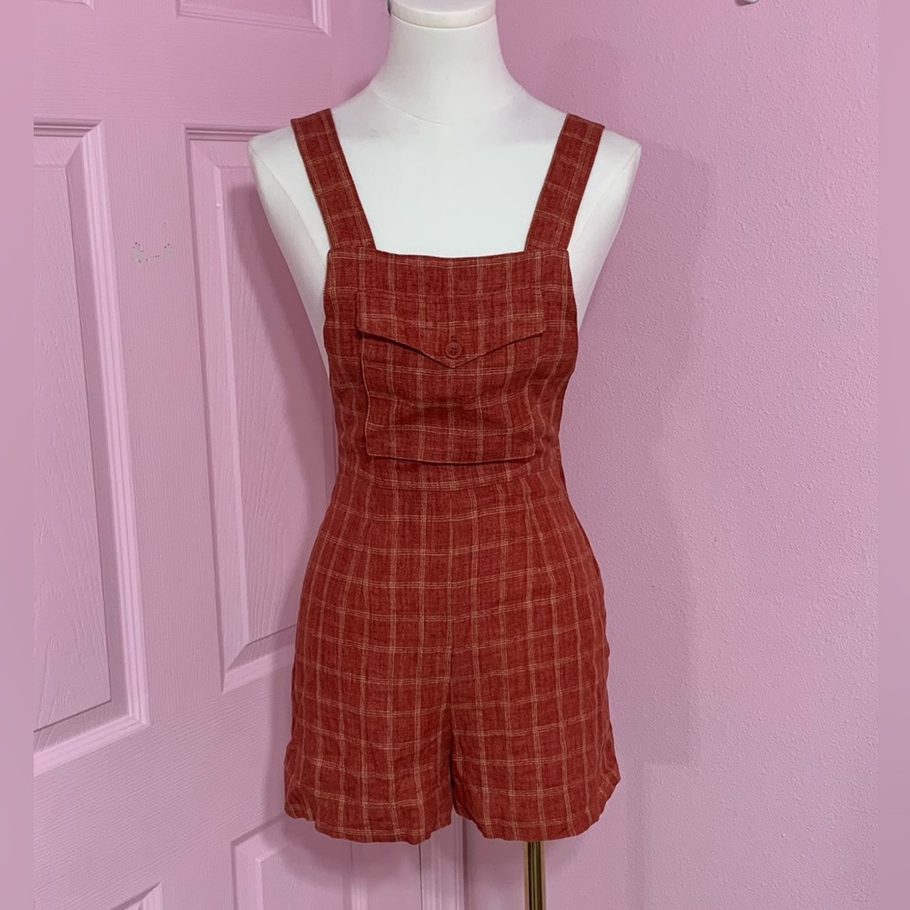 RARE VTG Guess Collection Linen Red Plaid Overalls/Romper - XS